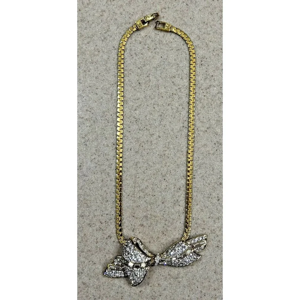 Vintage Style Yellow Gold-Tone Necklace w/Rhinestone Bow